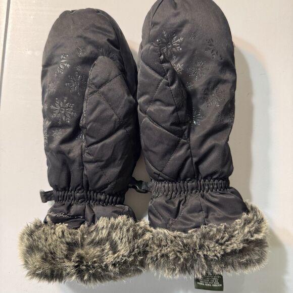 Vintage Eddie Bauer Black Down Filled quilted Faux fur trimmed mittens Size S/P - Picture 2 of 6